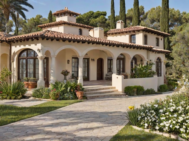 A Mediterranean style house with a garden and a walkway leading up to the entrance. The house is surrounded by a variety of potted plants and flowers, creating a lush and inviting atmosphere.