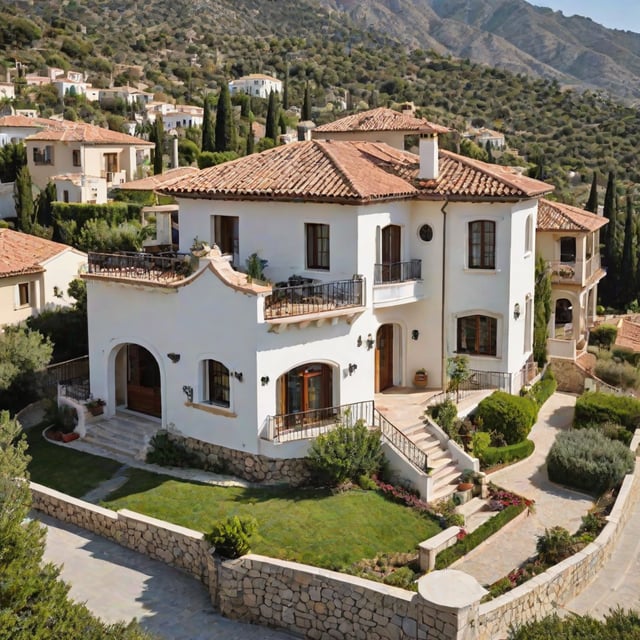 Mediterranean style house with a lush garden and stone wall.