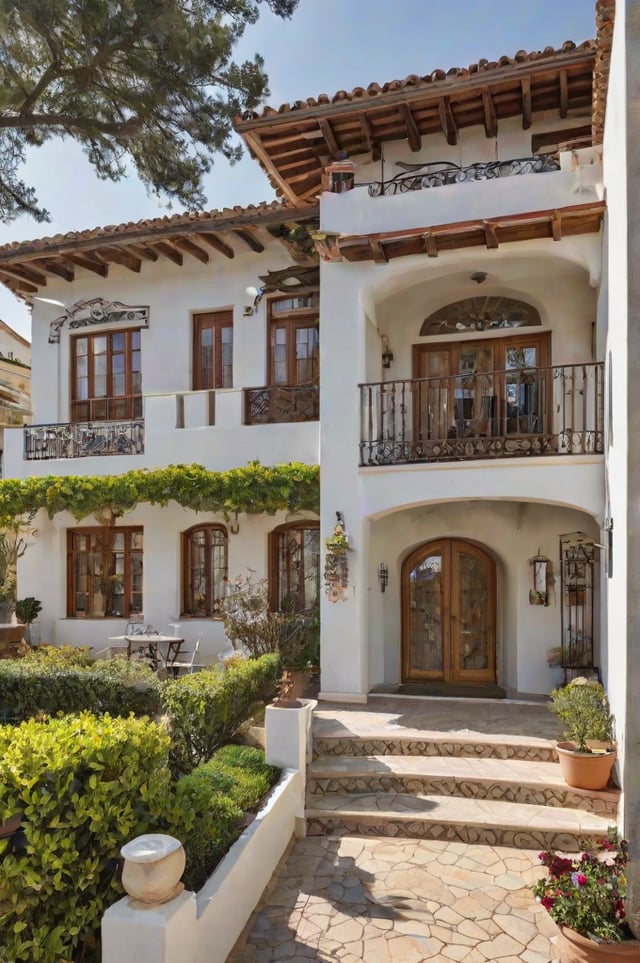 Mediterranean-style house with garden and patio. The house has a white facade with brown trim and a red roof. The garden is well-maintained with green bushes and a dining table set up for outdoor dining. The patio is adorned with a vine-covered pergola and a staircase leading up to the second floor. The house also features a balcony with a wrought iron railing and a doorway leading to the garden.