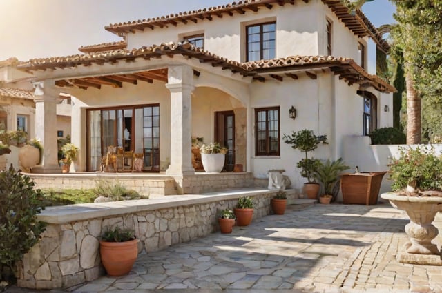 Mediterranean house with a beautiful garden. The garden is adorned with many potted plants, including a large white vase.