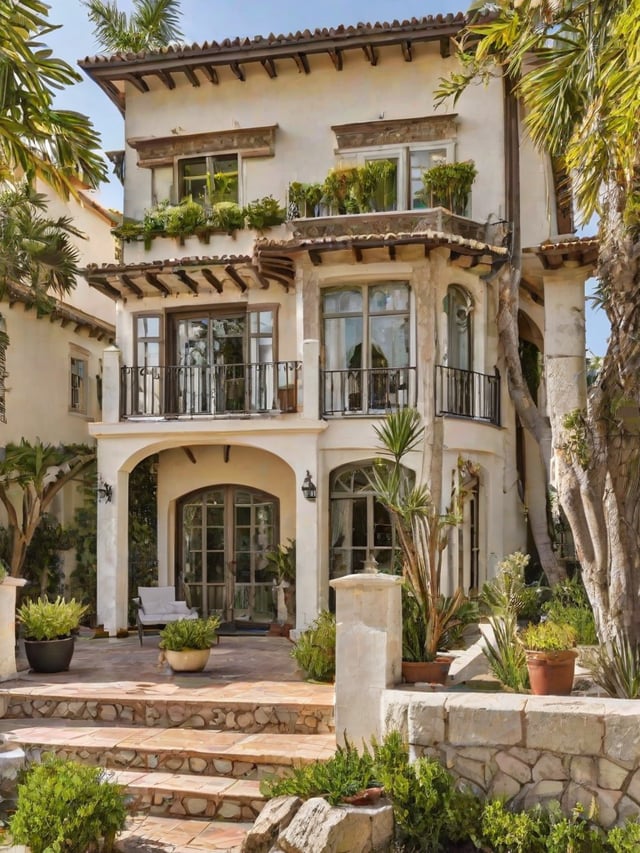 Mediterranean style house with a garden and patio. The house has a white facade and a balcony with a wrought iron railing. The garden is filled with greenery and potted plants, creating a serene and inviting atmosphere. The patio features a bench and a chair, providing a comfortable space for relaxation and outdoor dining.