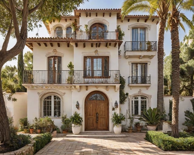 A large white Mediterranean house with a garden and a walkway leading to the front door.