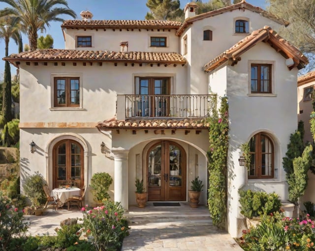 A Mediterranean style house with a garden and patio. The house has a white exterior with a red roof and a balcony. The garden is filled with flowers and plants, creating a serene and inviting atmosphere. The patio is adorned with potted plants and chairs, providing a comfortable outdoor seating area.