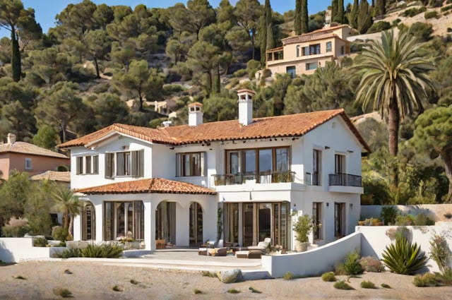 A large white Mediterranean style house with a red tile roof, surrounded by a garden and palm trees. The house has a spacious patio with a variety of furniture, including chairs and a couch.