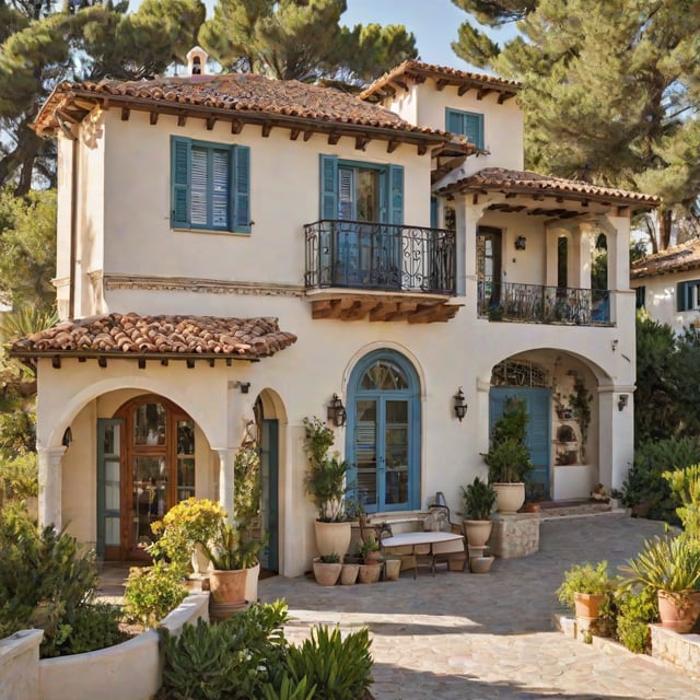 Mediterranean house with a garden and a blue door