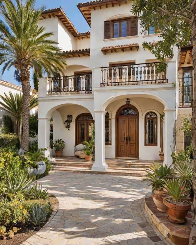 A Mediterranean style house with a garden and a patio. The house has a white exterior with a red roof and is surrounded by palm trees. The front door is made of wood and is located under a balcony.