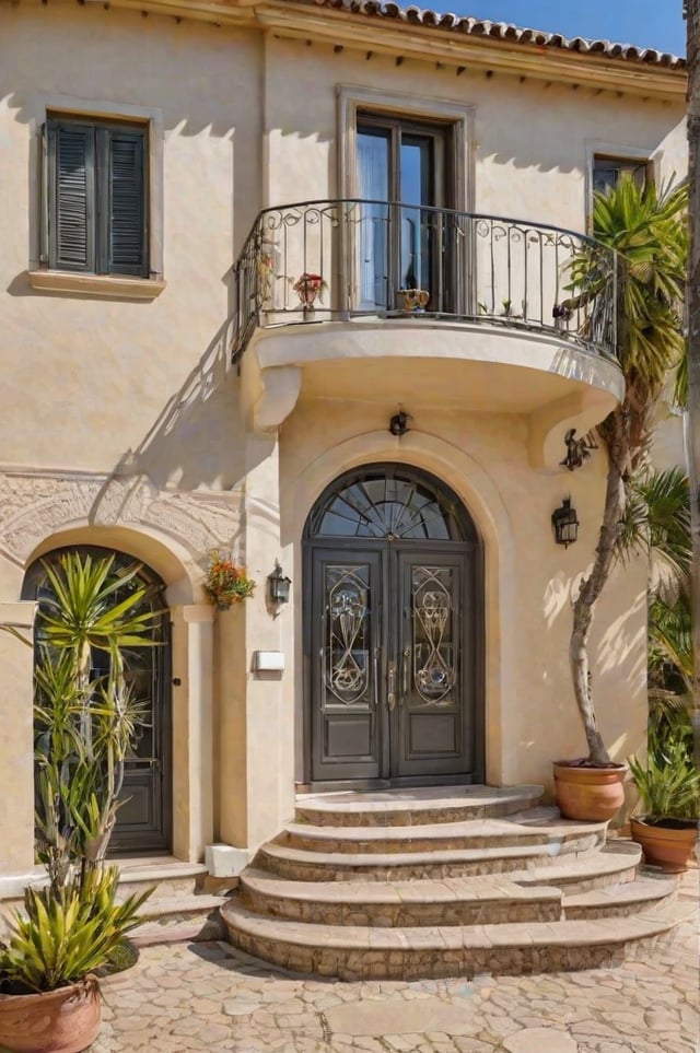 Mediterranean house with a garden and a staircase leading to the front door. The house has a balcony with a potted plant and a vase on it. The front door is adorned with a wreath and a potted plant. The garden is filled with various potted plants and a tree.