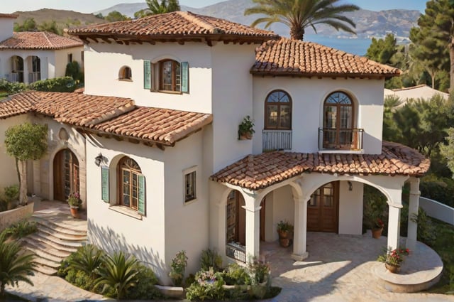 A large white Mediterranean house with a red tile roof and a garden. The house has a balcony and a patio with potted plants. The garden is filled with greenery and flowers, creating a beautiful and serene atmosphere.