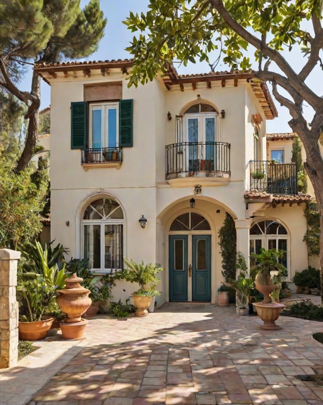 A Mediterranean style house with a beautiful garden and a large patio. The house has a white facade with green shutters and a blue door. The garden is filled with potted plants and vases, creating a serene and inviting atmosphere. The patio is adorned with more potted plants and vases, providing a perfect outdoor space for relaxation and entertaining guests.