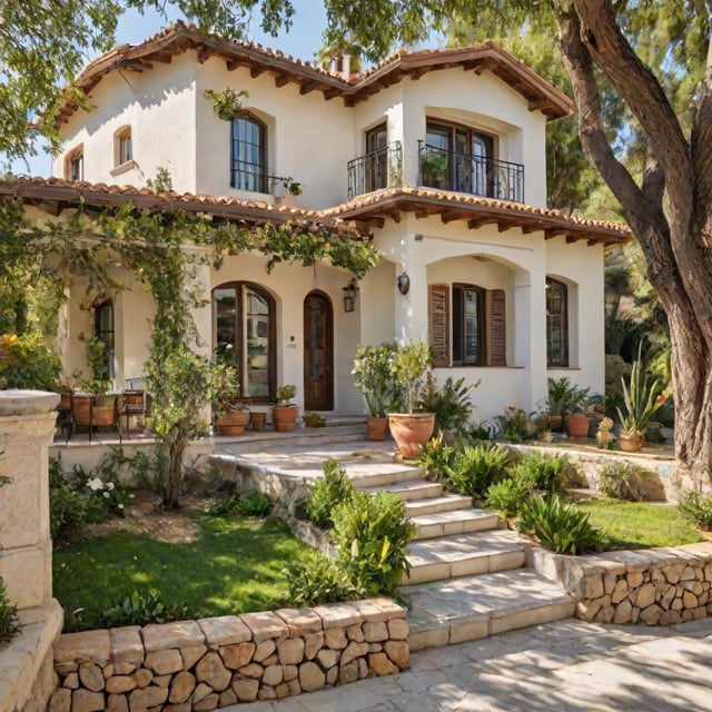 A Mediterranean-style house with a beautiful garden and a large tree. The house has a white exterior with a red roof and is adorned with many potted plants. The garden features a variety of greenery, including a few potted plants and a vase. The large tree provides a natural and serene atmosphere to the scene. The house is situated on a hill, giving it a picturesque view of the surrounding area.