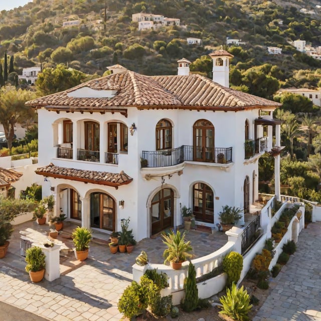 Mediterranean house with garden full of potted plants and flowers