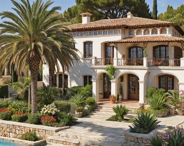 Mediterranean style house with a garden and a large patio. The house is surrounded by palm trees and has a white exterior with a red roof.