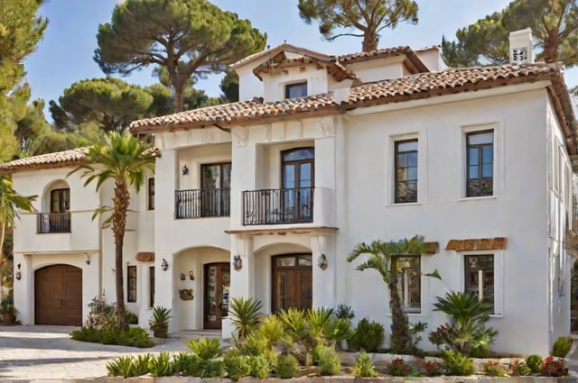 A large white Mediterranean house with a garden and a balcony. The house has a red roof and is surrounded by greenery. The garden is well-maintained and features palm trees and bushes. The balcony is adorned with a railing and a bench, providing a comfortable outdoor seating area.