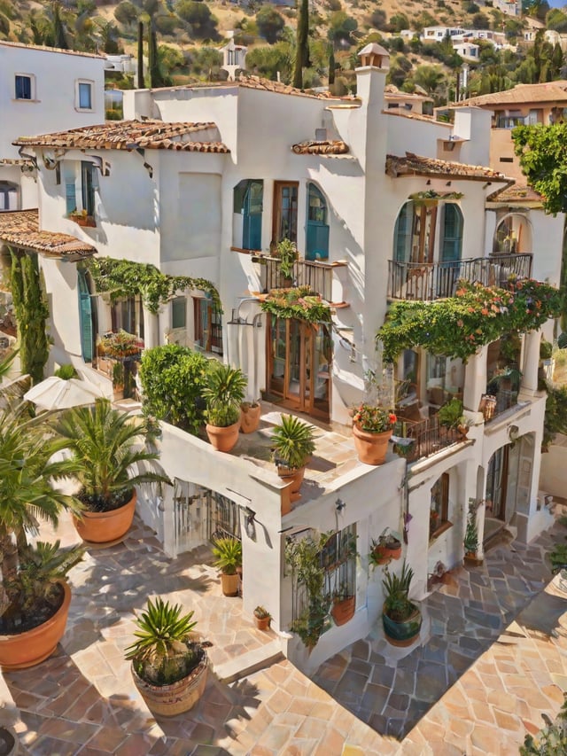 Mediterranean-style house with a garden full of potted plants and flowers