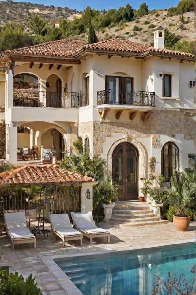 A large Mediterranean style house with a garden and patio area. The house has a large balcony with a white railing and a staircase leading up to it. The patio area features a sitting area with chairs and a dining table. The garden is well maintained with potted plants and trees surrounding the house.