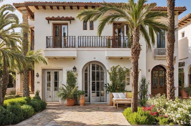 A Mediterranean-style house with a beautiful garden. The house is surrounded by potted plants and palm trees, and it has a red roof and a white facade. The front door is open, and a bench is located on the balcony.