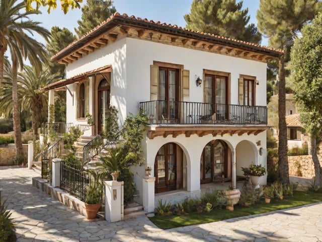 A Mediterranean style house with a garden and balcony. The house has a white exterior with brown trim and a red roof. The garden is filled with potted plants and flowers, and the balcony has chairs and a dining table.