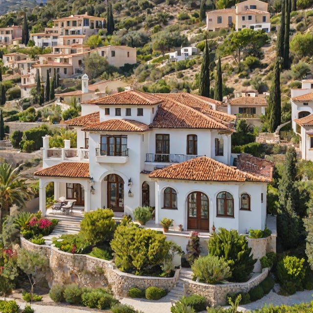 A large white Mediterranean house with a red roof, surrounded by a lush green garden. The house is situated on a hillside, overlooking a beautiful view.