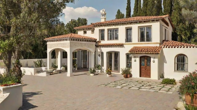 A Mediterranean style house with a large garden and a brick driveway. The house has a white exterior with red roof tiles and a clock tower.