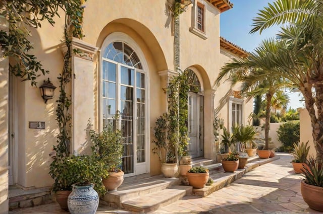 Mediterranean-style house with a garden full of potted plants and flowers.