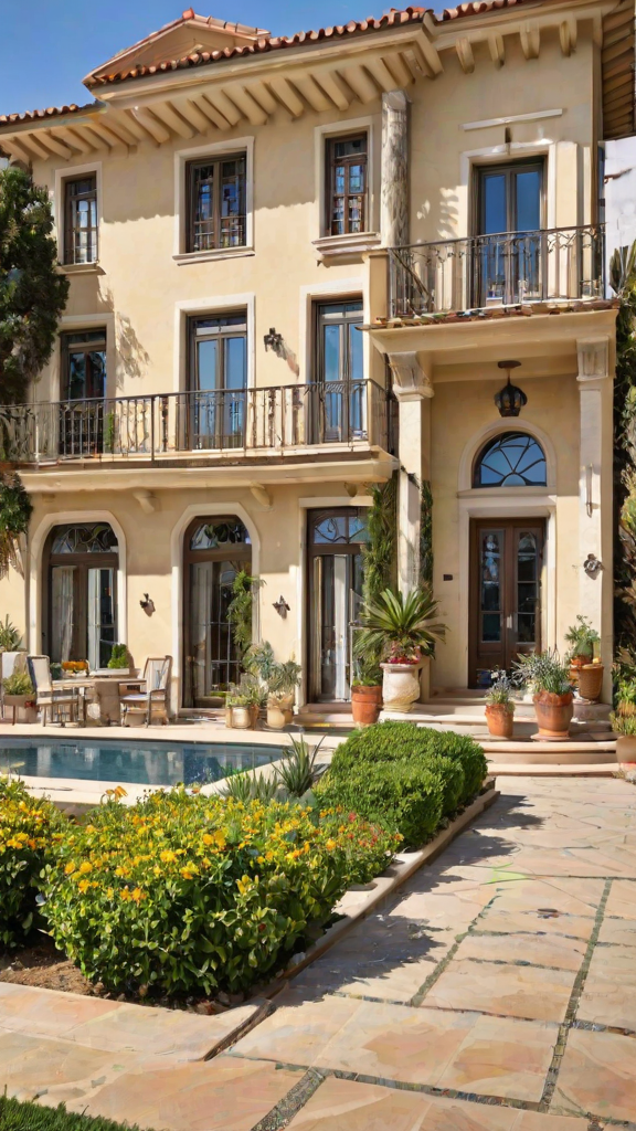 Mediterranean-style house with a garden and swimming pool. The house has a large patio with chairs and a dining table, and a balcony on the second floor. The garden is well-maintained with a variety of plants and flowers.