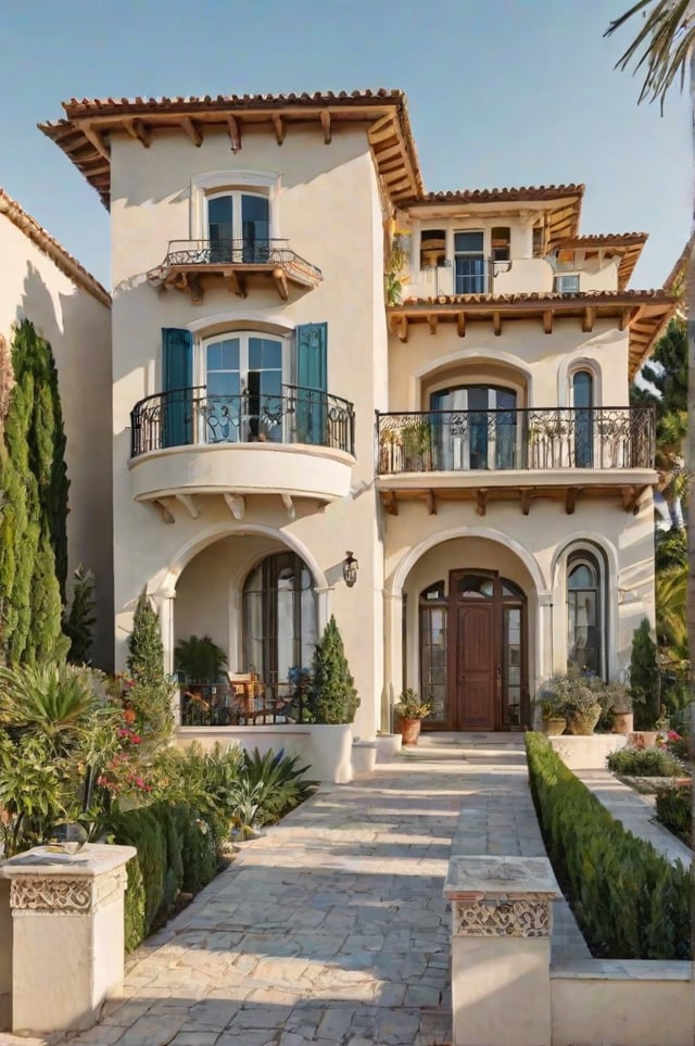 A Mediterranean style house with a garden and a walkway leading up to the front door.