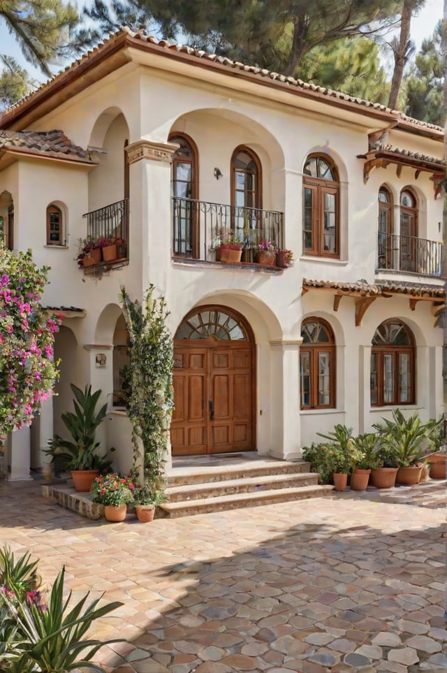 Mediterranean house with a garden and a patio. The house has a large doorway and a balcony with potted plants. The garden features a variety of potted plants and flowers.