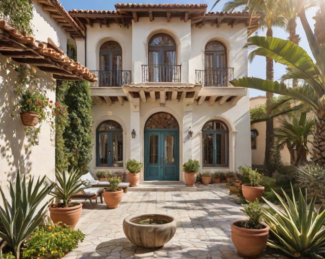 A Mediterranean house with a garden and a patio. The house has a blue door and is surrounded by potted plants and a fountain. The patio is adorned with potted plants and a chair.