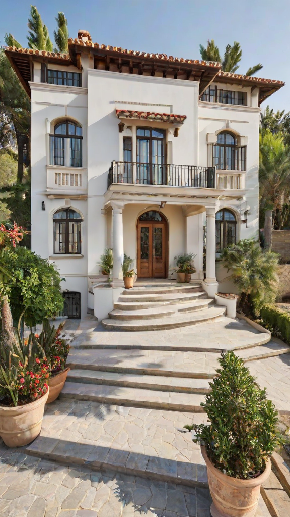 A Mediterranean style house with a garden and staircase leading up to the front door.