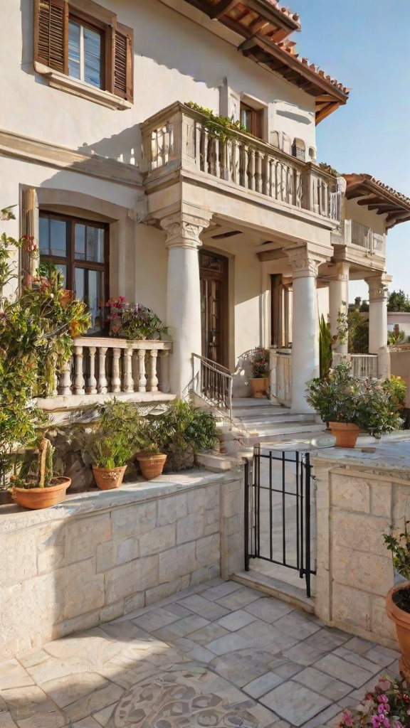 Mediterranean-style house with a beautiful garden and a black iron gate. The garden is filled with potted plants and flowers.