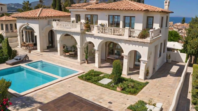 A large Mediterranean style house with a beautiful garden and pool area. The house has a white exterior with a red tile roof and is surrounded by a lush green lawn. The garden features a variety of potted plants and flowers, creating a serene and inviting atmosphere. The pool is surrounded by a patio area with chairs and a dining table, perfect for relaxing and entertaining guests.