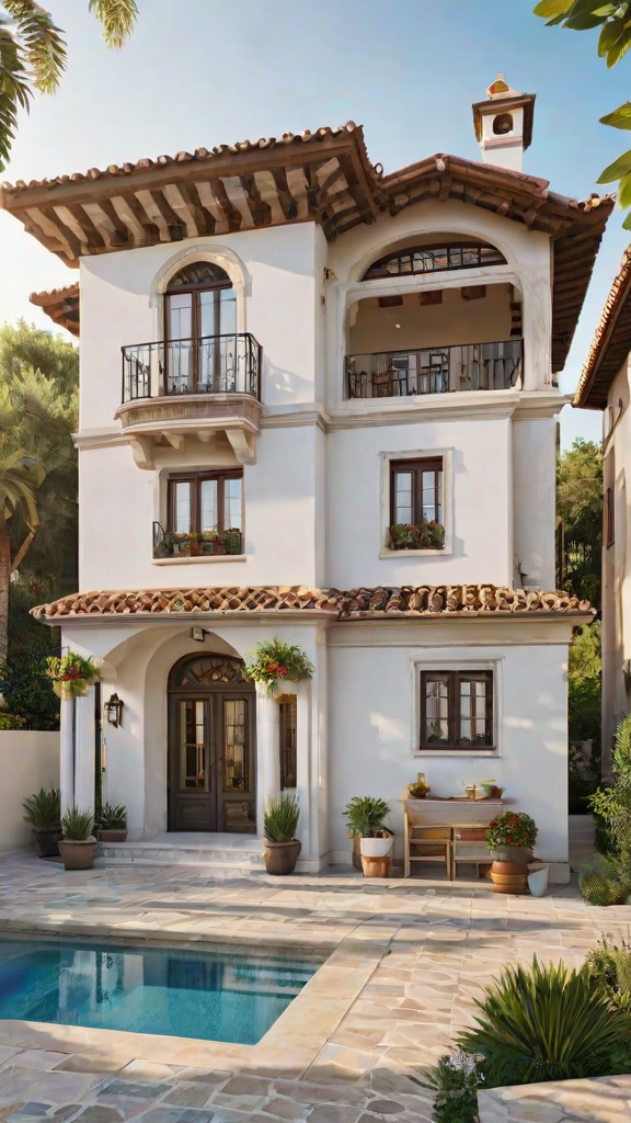 A white Mediterranean style house with a garden and a patio. The house has a balcony and a terrace on the second floor. The garden is filled with potted plants and flowers, creating a beautiful and inviting atmosphere. The patio features a bench and a table, perfect for outdoor dining or relaxation.