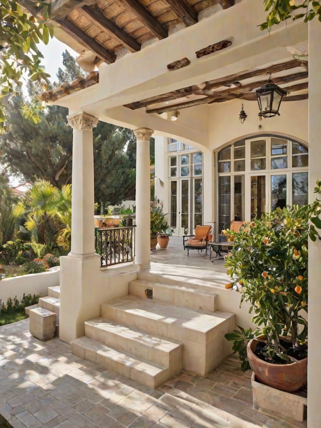 A Mediterranean house with a garden and patio. The patio has a set of steps leading up to the house. The garden is filled with greenery and flowers.