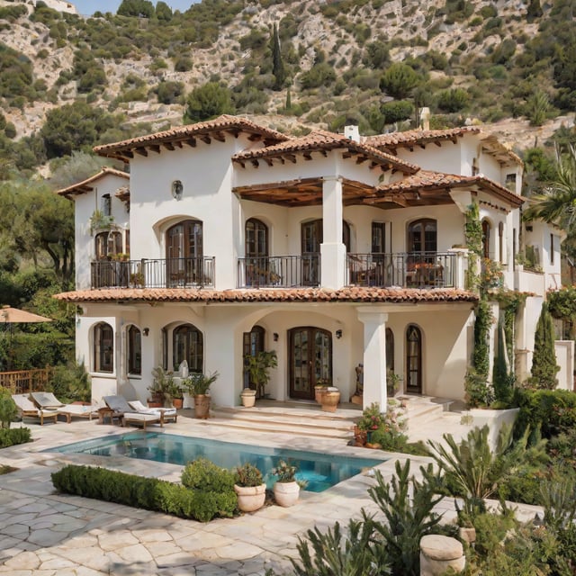 Mediterranean-style house with swimming pool and lush garden