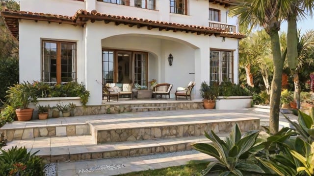 A Mediterranean-style house with a beautiful garden and patio. The house has a white exterior with a red tile roof, and the patio is adorned with a variety of potted plants and chairs.