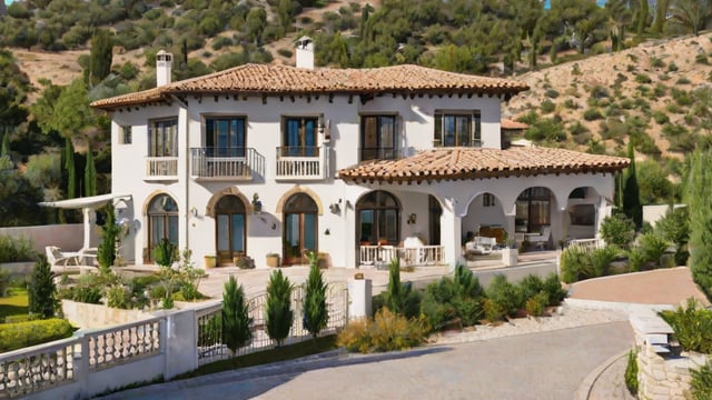 A large white Mediterranean style house with a garden and a fence. The house has a red tile roof and is surrounded by green bushes and trees. The garden is well maintained and features a variety of potted plants and a bench.