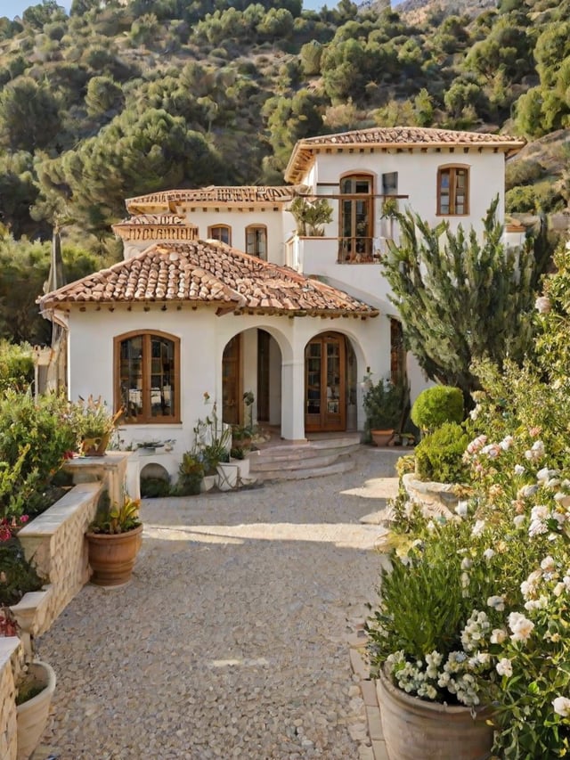 A Mediterranean-style house with a garden, surrounded by trees.