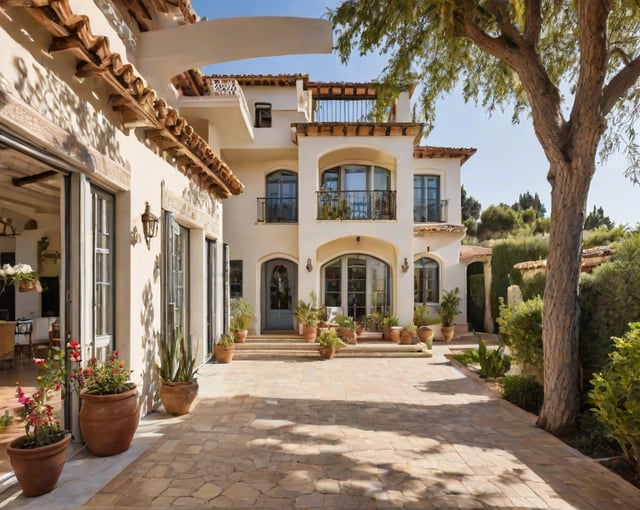 Mediterranean house with a lush garden and potted plants on the front porch