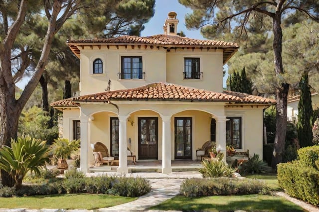 A Mediterranean style house with a garden and a walkway leading up to the front door.