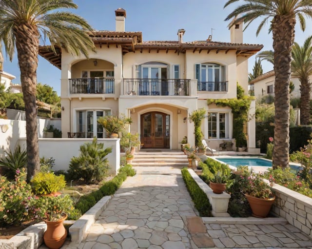 A Mediterranean style house with a lush garden and swimming pool. The front door is open, inviting visitors to enter the elegant home.