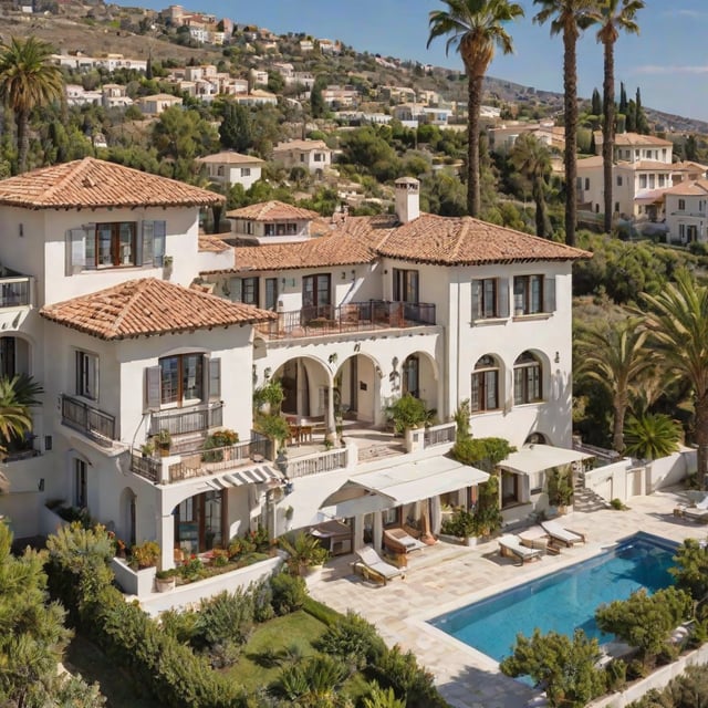 A Mediterranean-style house with a beautiful garden and pool.