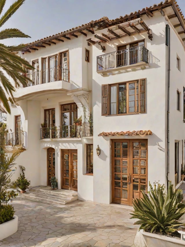 Mediterranean-style house with a garden and a balcony. The house has a white facade with brown wooden doors and windows. The balcony is adorned with potted plants, and the garden is filled with palm trees and other greenery.