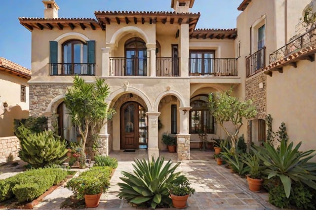 Mediterranean house with a lush garden and patio