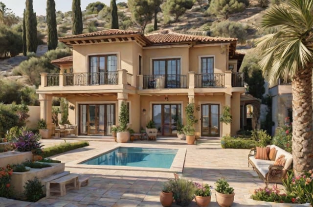 Mediterranean-style house with a swimming pool, surrounded by greenery and featuring a patio with chairs and a bench.