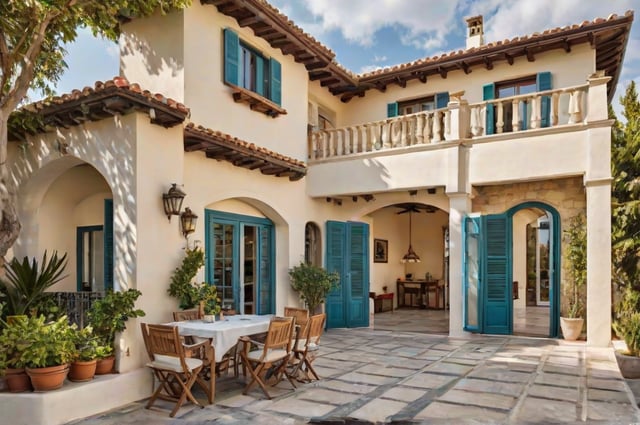 Mediterranean-style house with a patio set up for outdoor dining. The patio features a dining table with chairs, a potted plant, and a vase. The house has a balcony with a hanging light and a window.