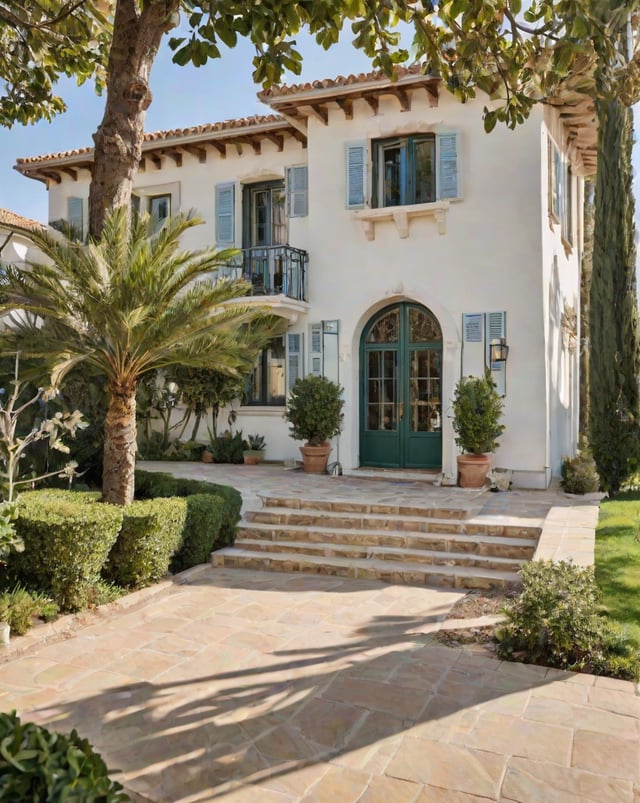 A large white Mediterranean house with a green door and a garden.