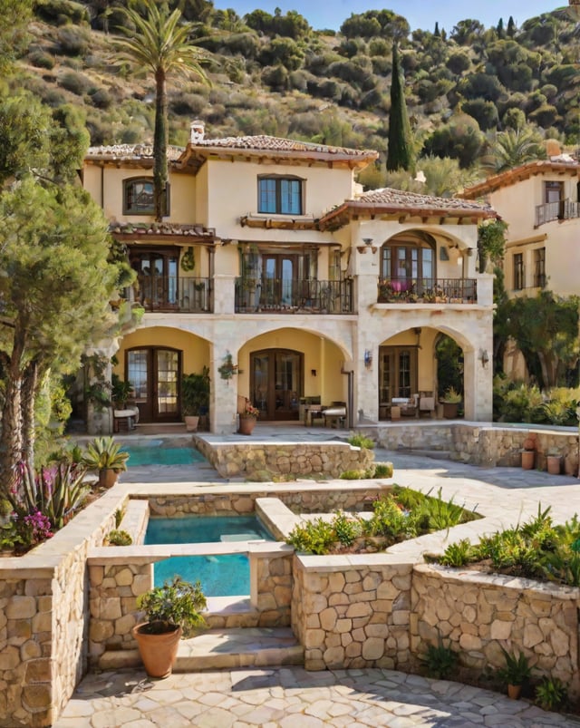 A Mediterranean-style house with a large garden and swimming pool. The house has a white exterior with brown trim, and features a large patio with a fountain. The garden is well-maintained with a variety of plants and flowers, creating a serene and inviting atmosphere. The house is surrounded by trees, adding to the natural beauty of the scene.