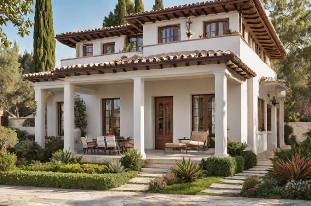 A large white house with a Mediterranean design style, featuring a patio with a couch, chairs, and a potted plant. The house has a brown roof and is surrounded by a garden with a variety of plants and flowers.