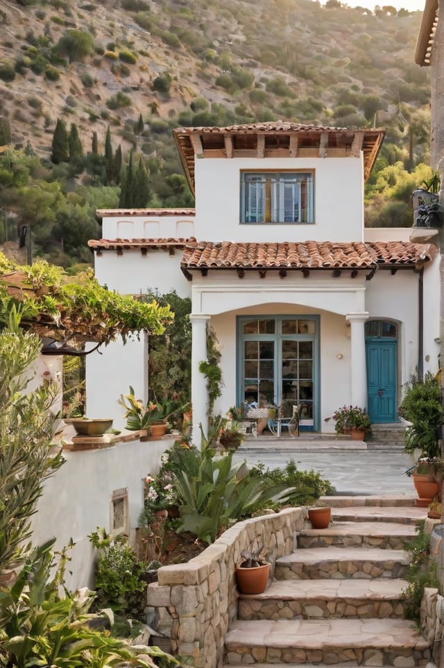 A Mediterranean-style house with a garden and a blue door. The house is surrounded by greenery and has a white and blue color scheme. The garden is filled with potted plants and flowers, creating a serene and inviting atmosphere. The blue door adds a pop of color to the otherwise neutral-toned house, making it stand out. The house is situated on a hillside, overlooking the surrounding landscape.