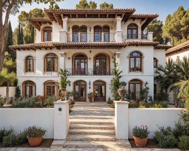 A Mediterranean style house with a beautiful garden and a white staircase leading to the entrance. The house is surrounded by potted plants and features a balcony on the second floor. The garden is well-maintained and adds to the overall charm of the property.